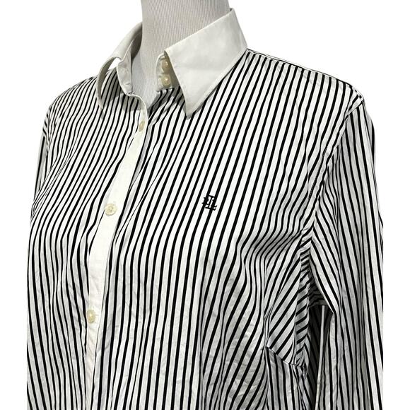 Lauren Ralph Lauren Women's Striped Top Button Up Black Embroidered Crest Sz M - Picture 4 of 11
